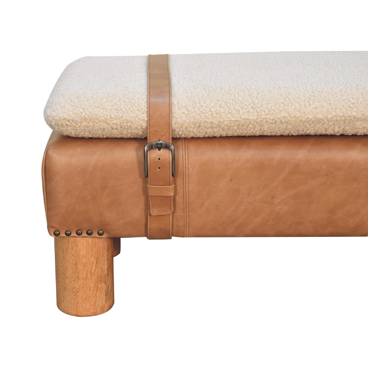 Strapped Cylinder Bench Handmade Solid Wood Frame with Upholstered Cylindrical Seat and Leather Detailing