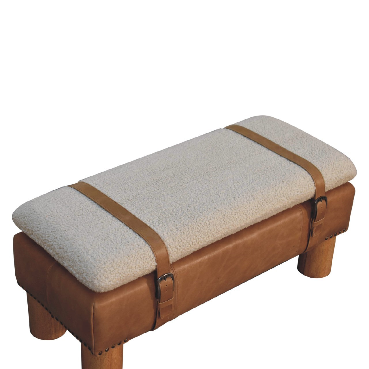 Strapped Cylinder Bench Handmade Solid Wood Frame with Upholstered Cylindrical Seat and Leather Detailing