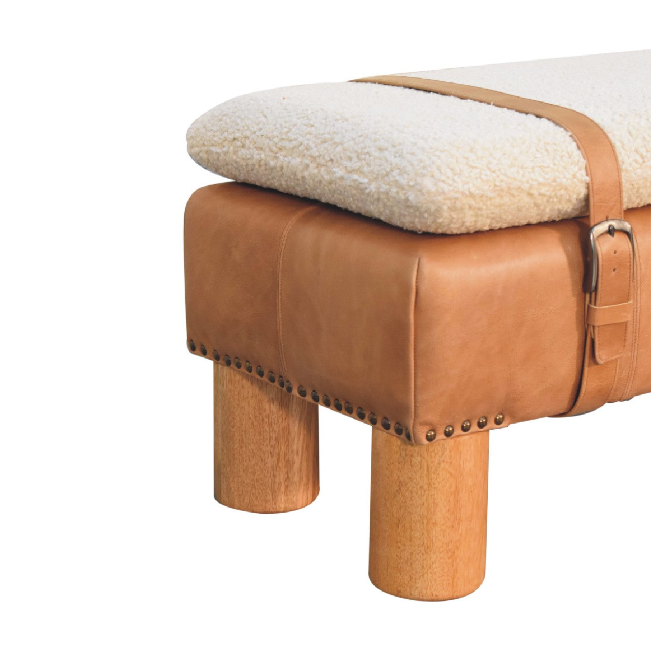Strapped Cylinder Bench Handmade Solid Wood Frame with Upholstered Cylindrical Seat and Leather Detailing