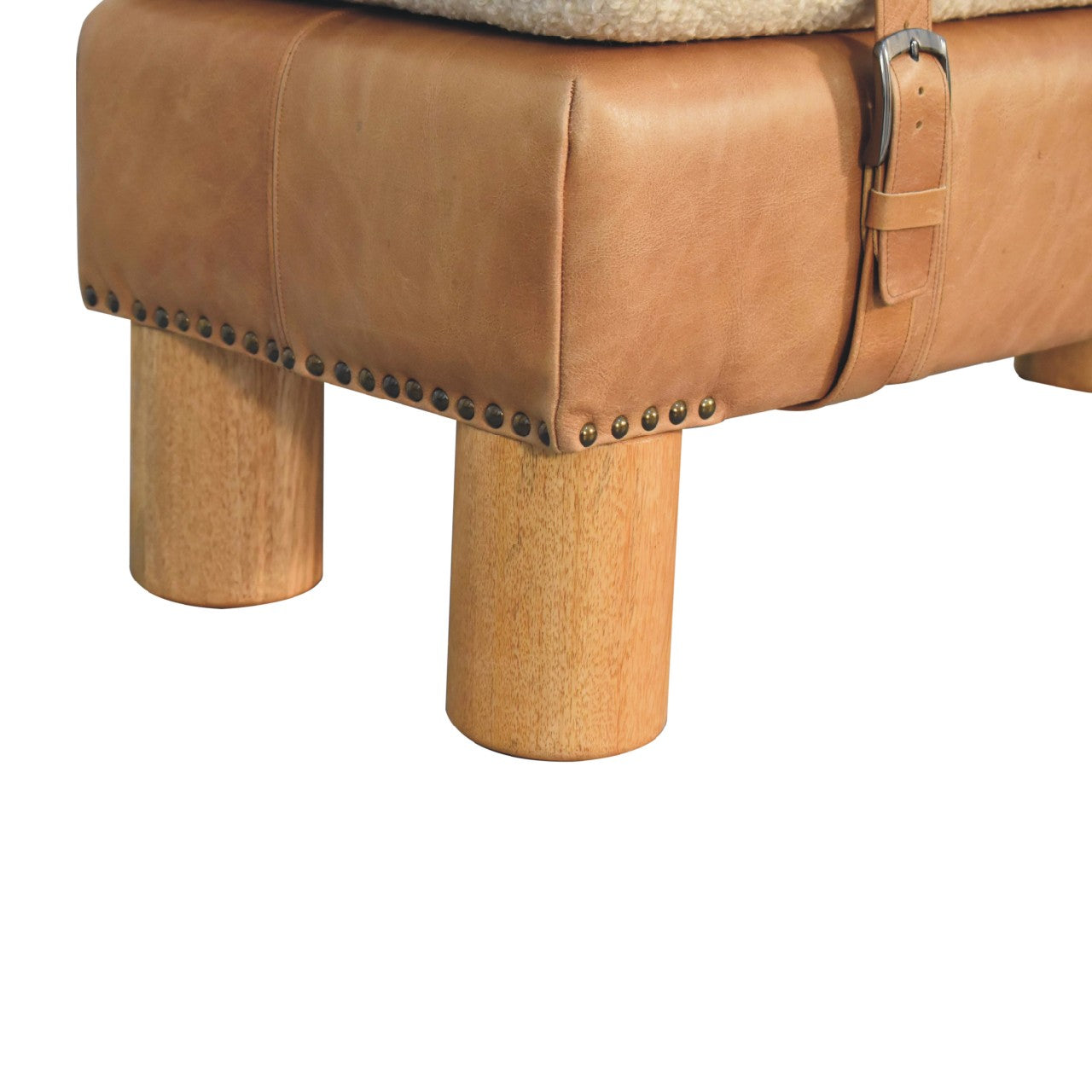 Strapped Cylinder Bench Handmade Solid Wood Frame with Upholstered Cylindrical Seat and Leather Detailing