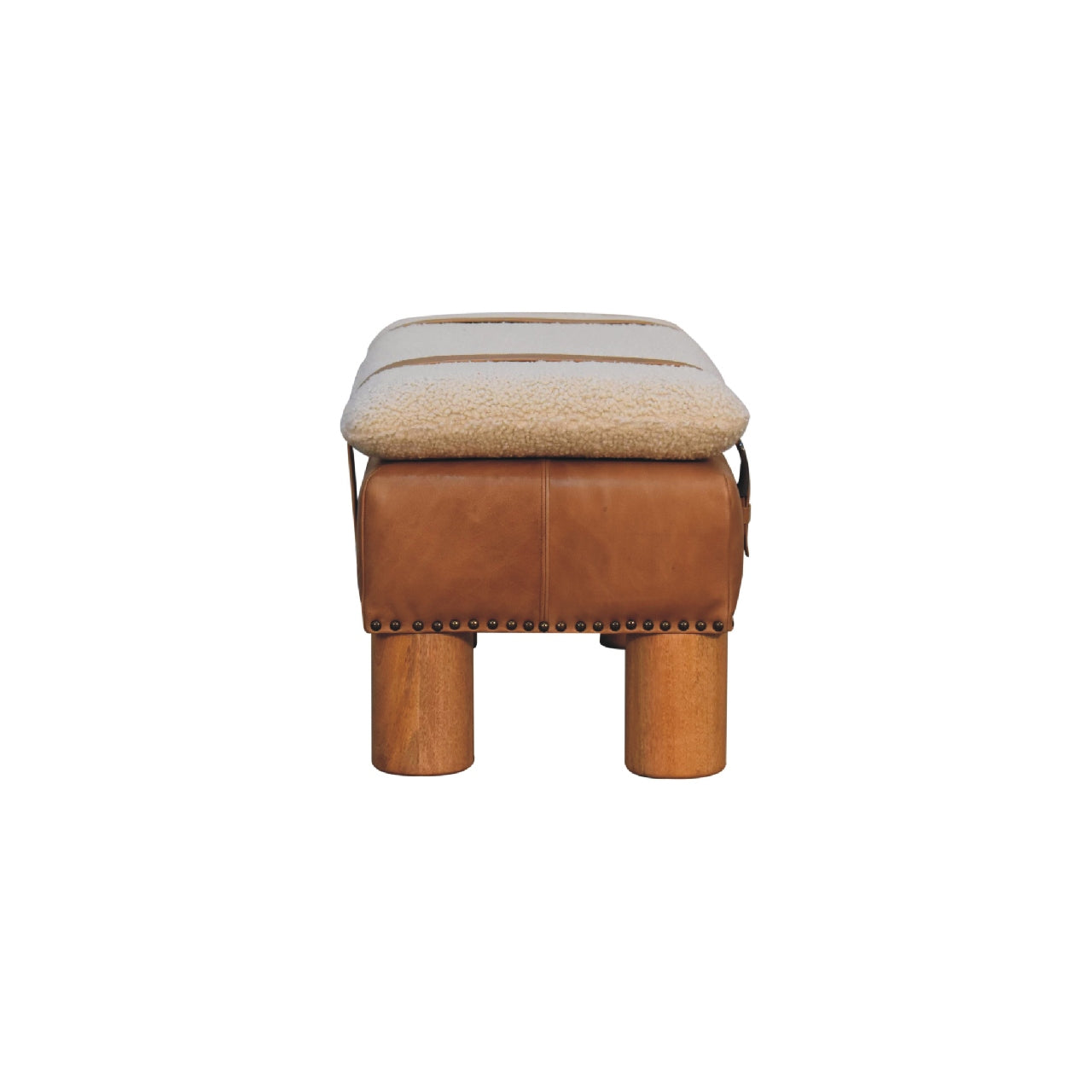 Strapped Cylinder Bench Handmade Solid Wood Frame with Upholstered Cylindrical Seat and Leather Detailing