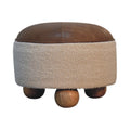 Cream Boucle Buffalo Footstool - Handmade Solid Wood Frame with Cream Boucle Upholstery and Leather