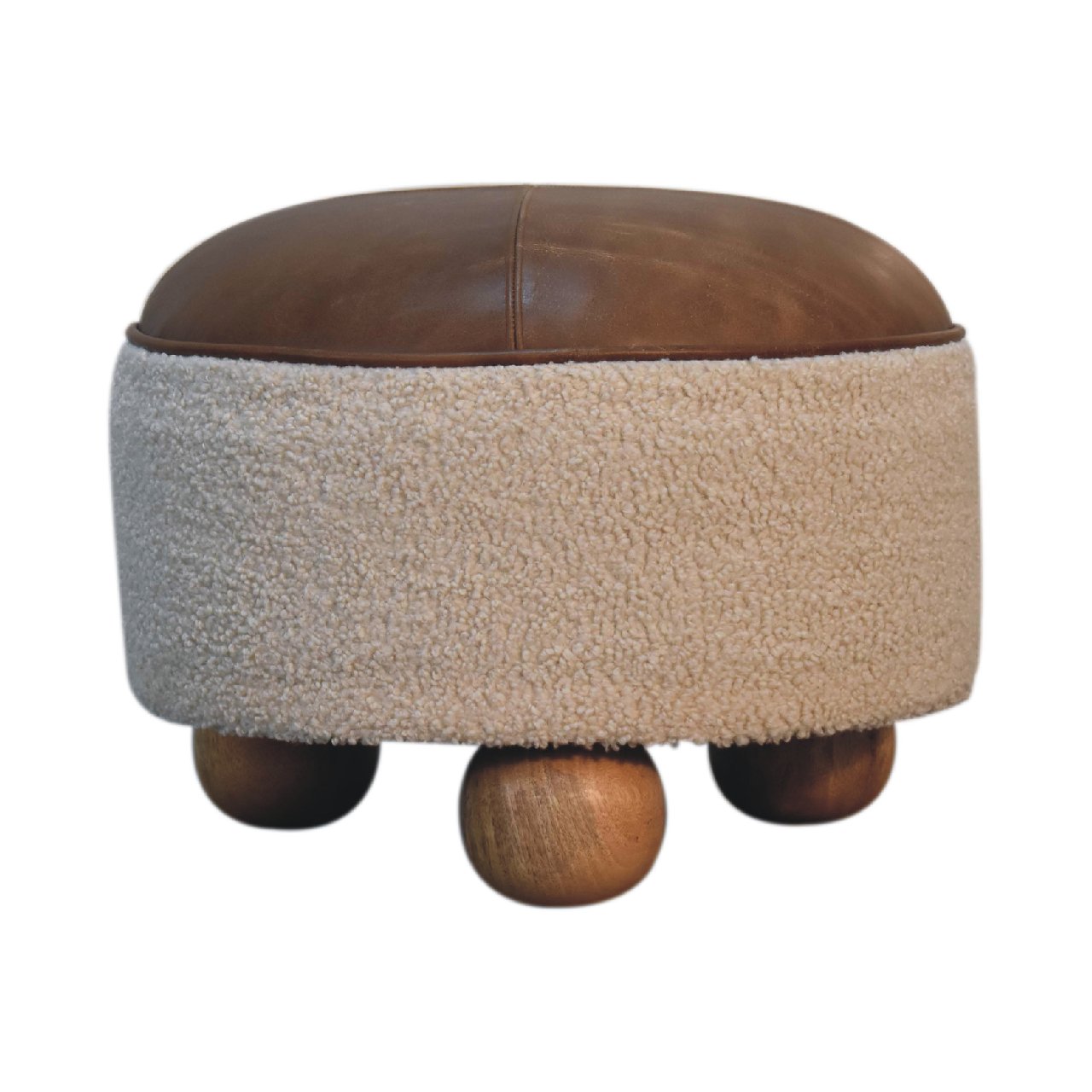 Cream Boucle Buffalo Footstool - Handmade Solid Wood Frame with Cream Boucle Upholstery and Leather
