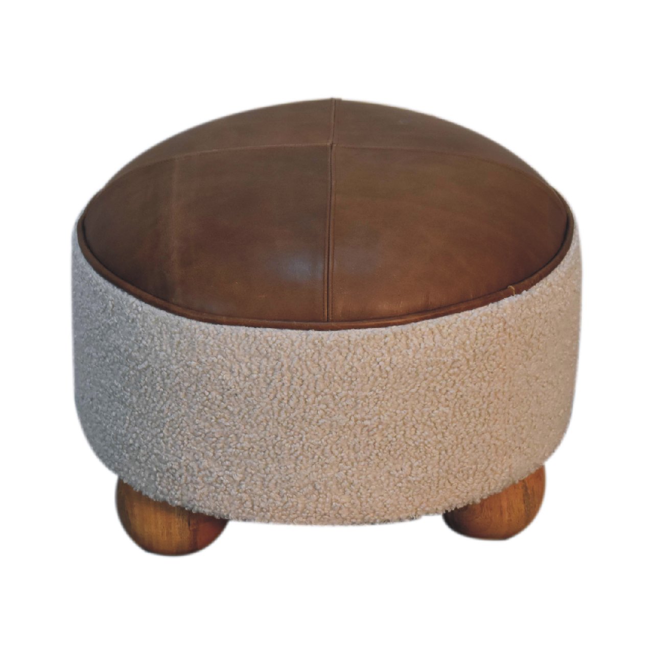 Cream Boucle Buffalo Footstool - Handmade Solid Wood Frame with Cream Boucle Upholstery and Leather