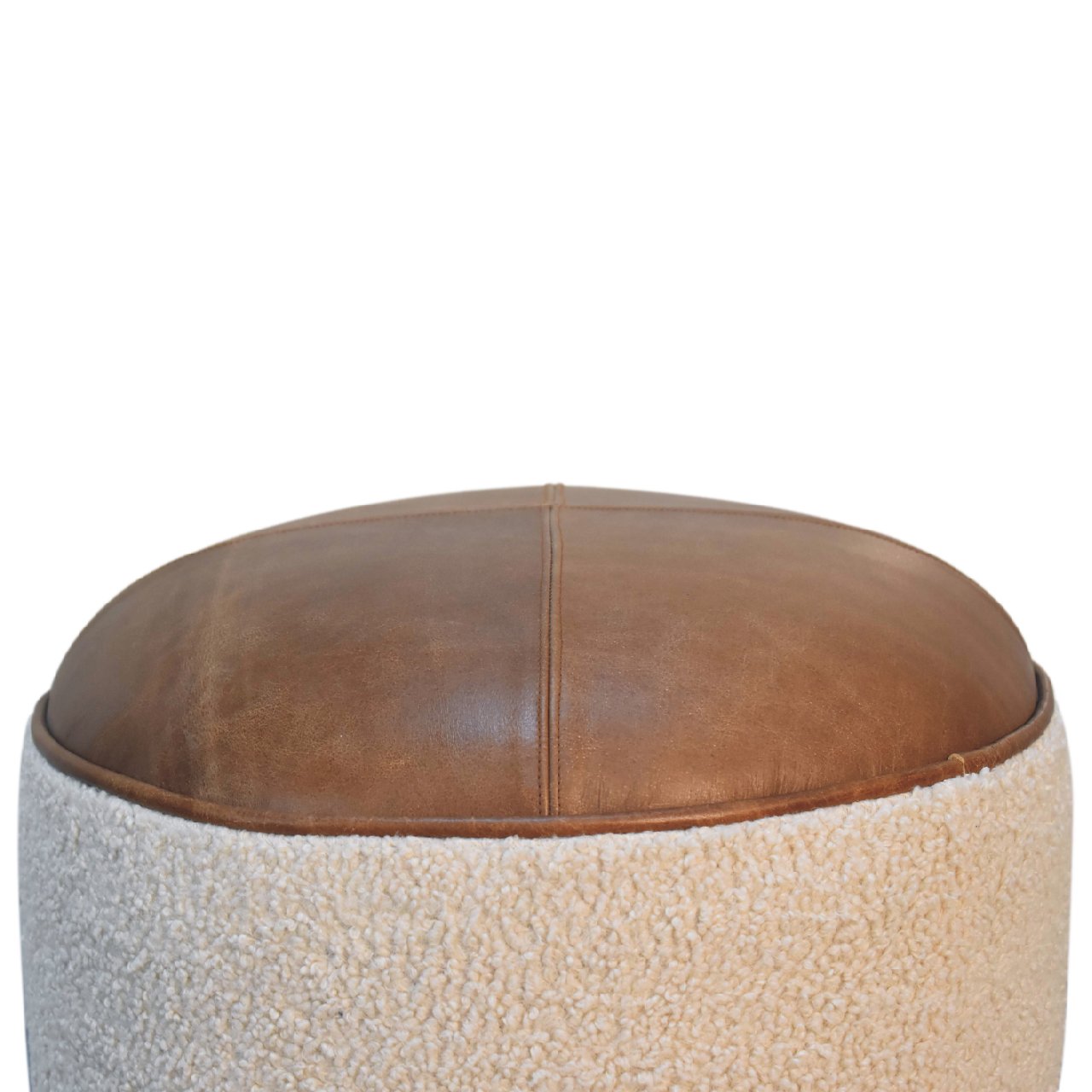 Cream Boucle Buffalo Footstool - Handmade Solid Wood Frame with Cream Boucle Upholstery and Leather