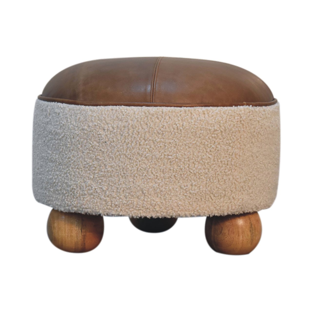 Cream Boucle Buffalo Footstool - Handmade Solid Wood Frame with Cream Boucle Upholstery and Leather