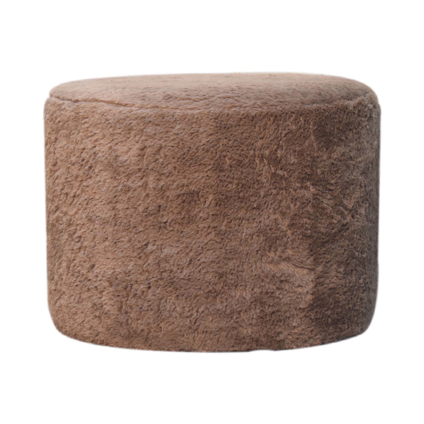 Mocha Faux Fur Round Footstool - Handmade Solid Wood Base with Plush Faux Fur Upholstery