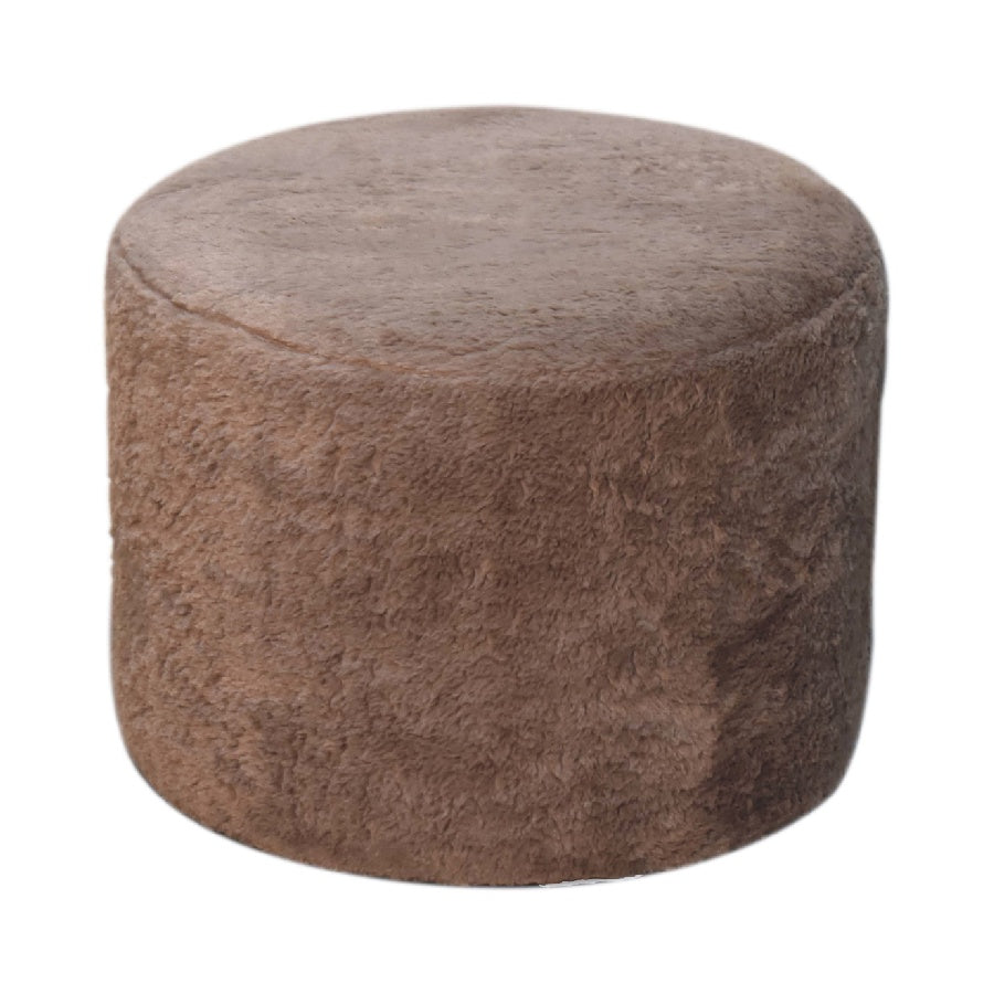 Mocha Faux Fur Round Footstool - Handmade Solid Wood Base with Plush Faux Fur Upholstery