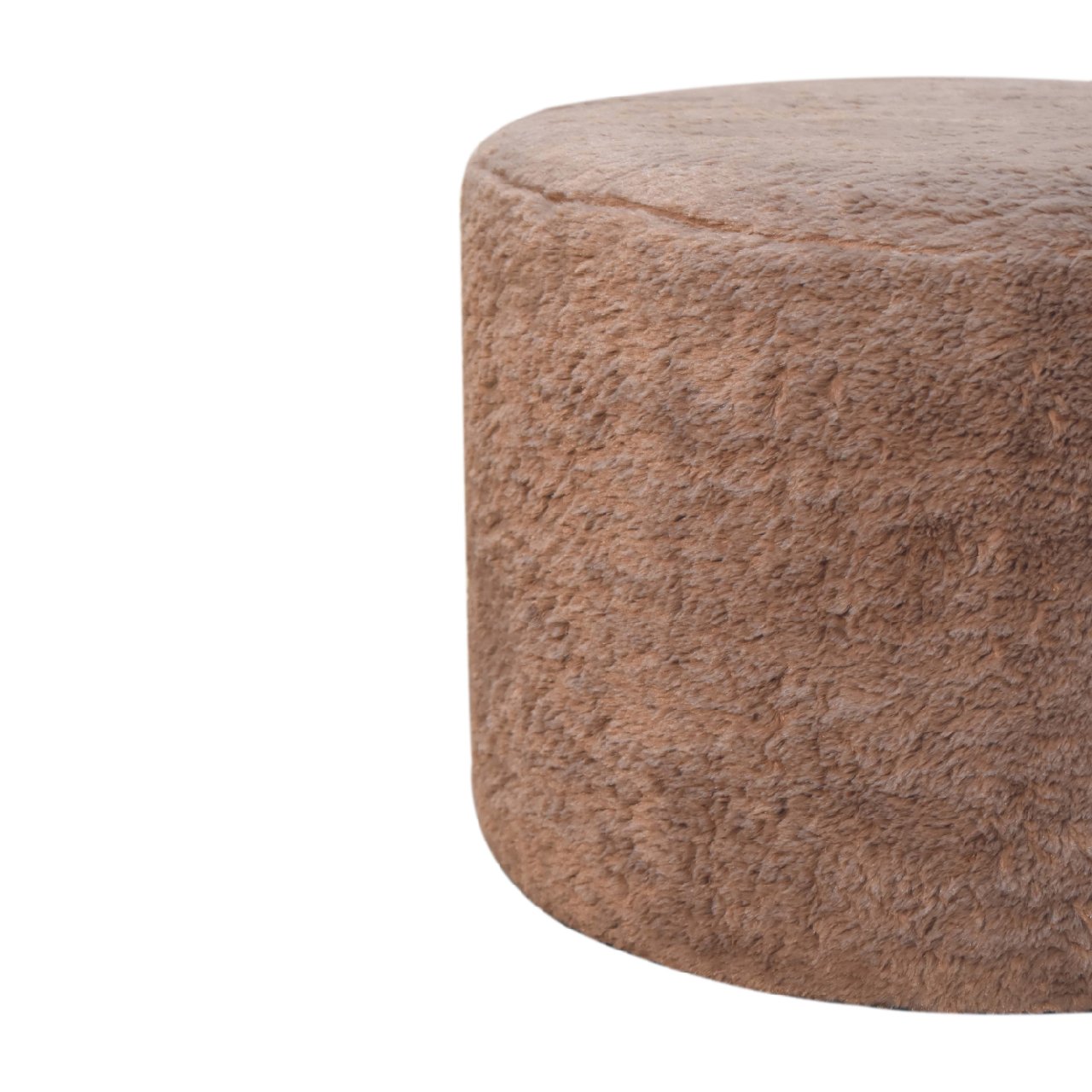 Mocha Faux Fur Round Footstool - Handmade Solid Wood Base with Plush Faux Fur Upholstery