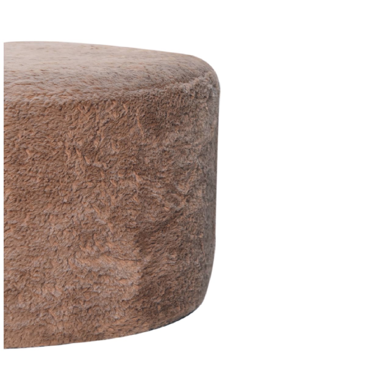Mocha Faux Fur Round Footstool - Handmade Solid Wood Base with Plush Faux Fur Upholstery