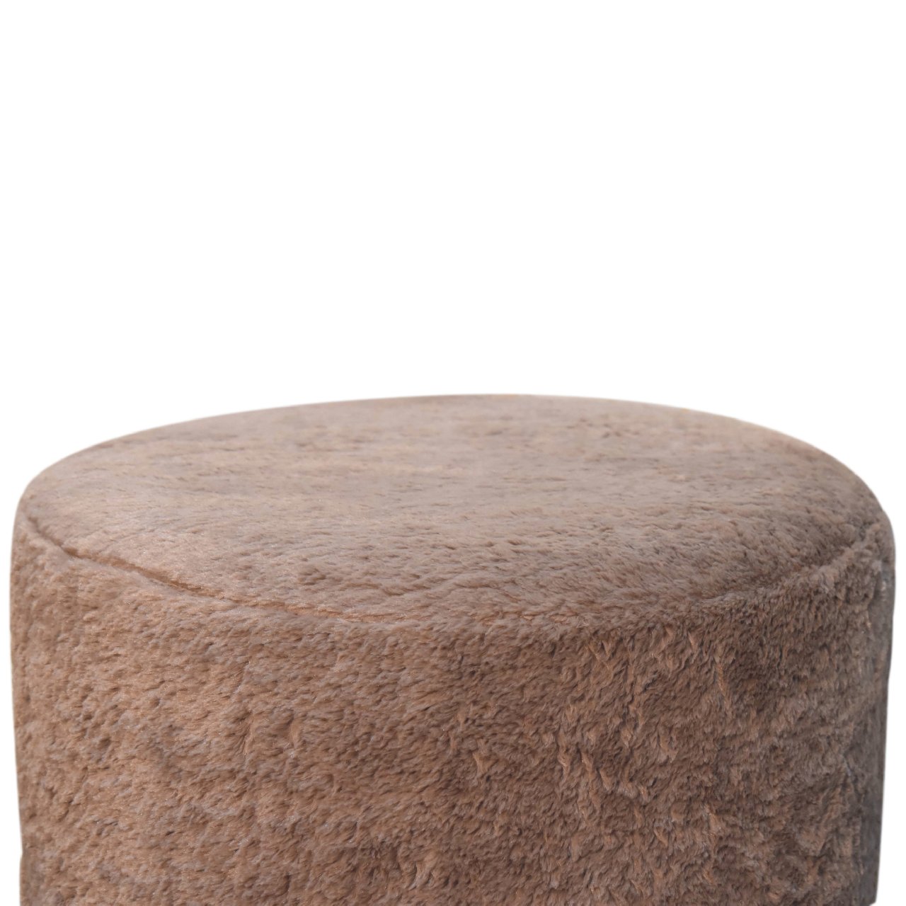 Mocha Faux Fur Round Footstool - Handmade Solid Wood Base with Plush Faux Fur Upholstery