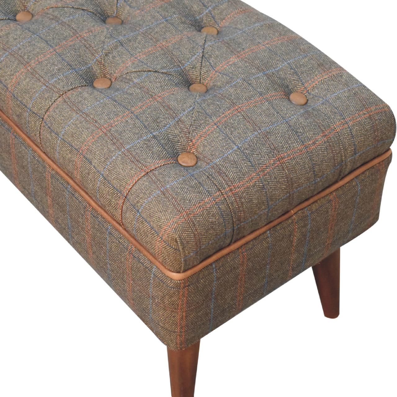 Multi Tweed Buffalo Pipe Bench - Handmade Solid Wood Frame with Tweed Upholstery & Leather