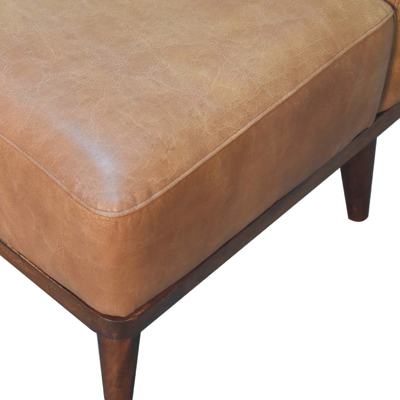 Tan Buffalo Backrest Footstool - Handmade Solid Wood Frame with Genuine Tan Leather Seat and Backrest
