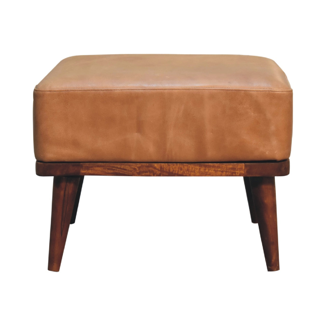 Tan Buffalo Leather Tan Footstool -  Handmade Solid Wood Base with Genuine Tan Leather Upholstery