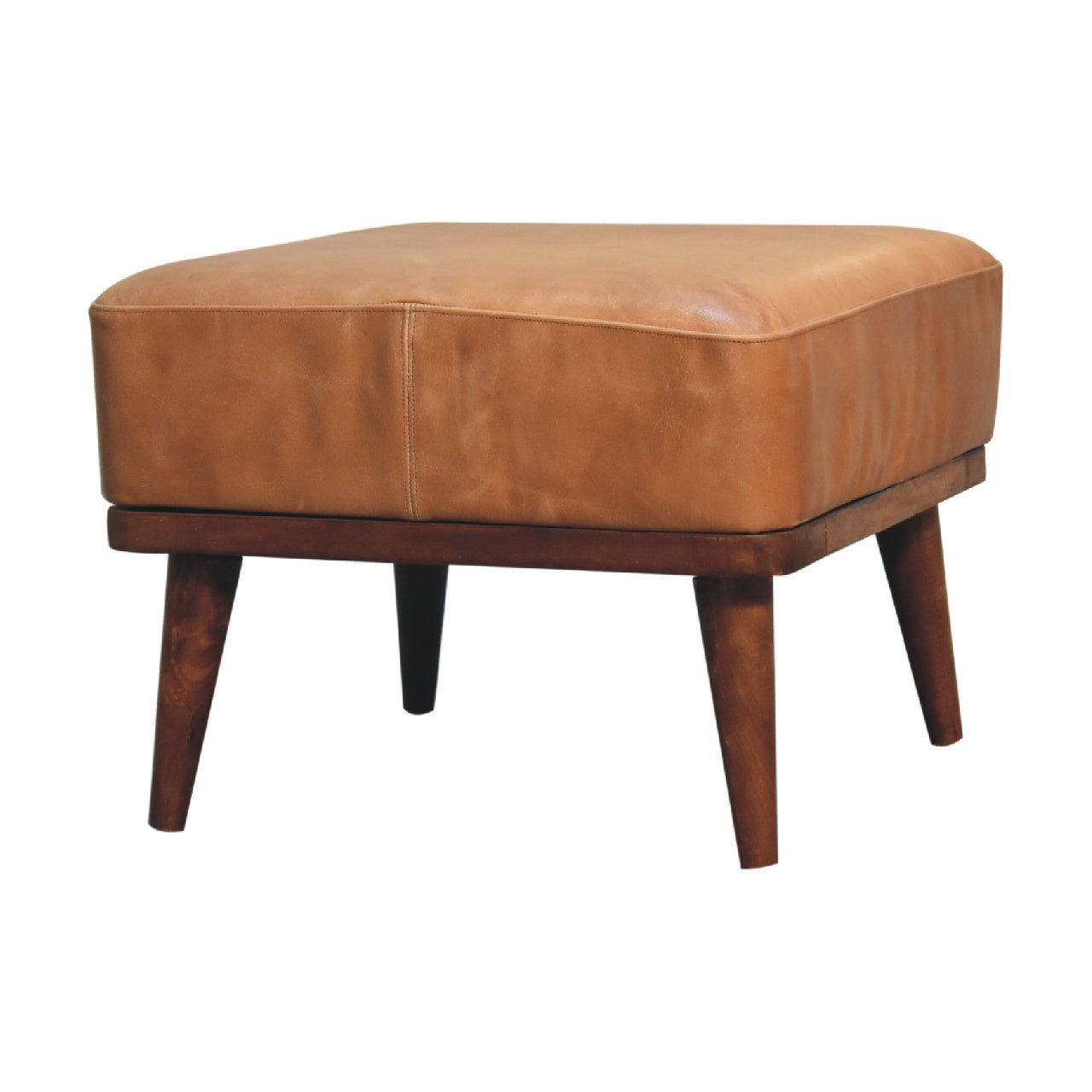 Tan Buffalo Leather Tan Footstool -  Handmade Solid Wood Base with Genuine Tan Leather Upholstery