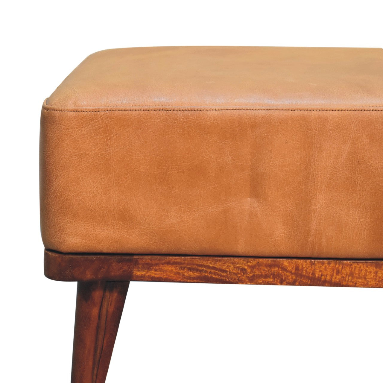 Tan Buffalo Leather Tan Footstool -  Handmade Solid Wood Base with Genuine Tan Leather Upholstery