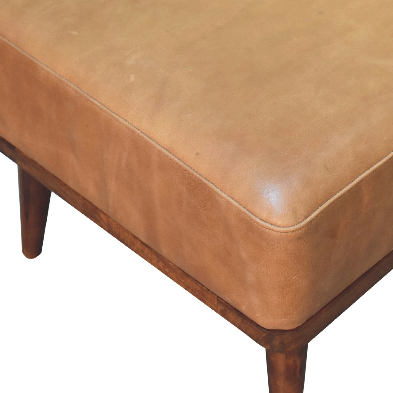 Tan Buffalo Leather Tan Footstool -  Handmade Solid Wood Base with Genuine Tan Leather Upholstery
