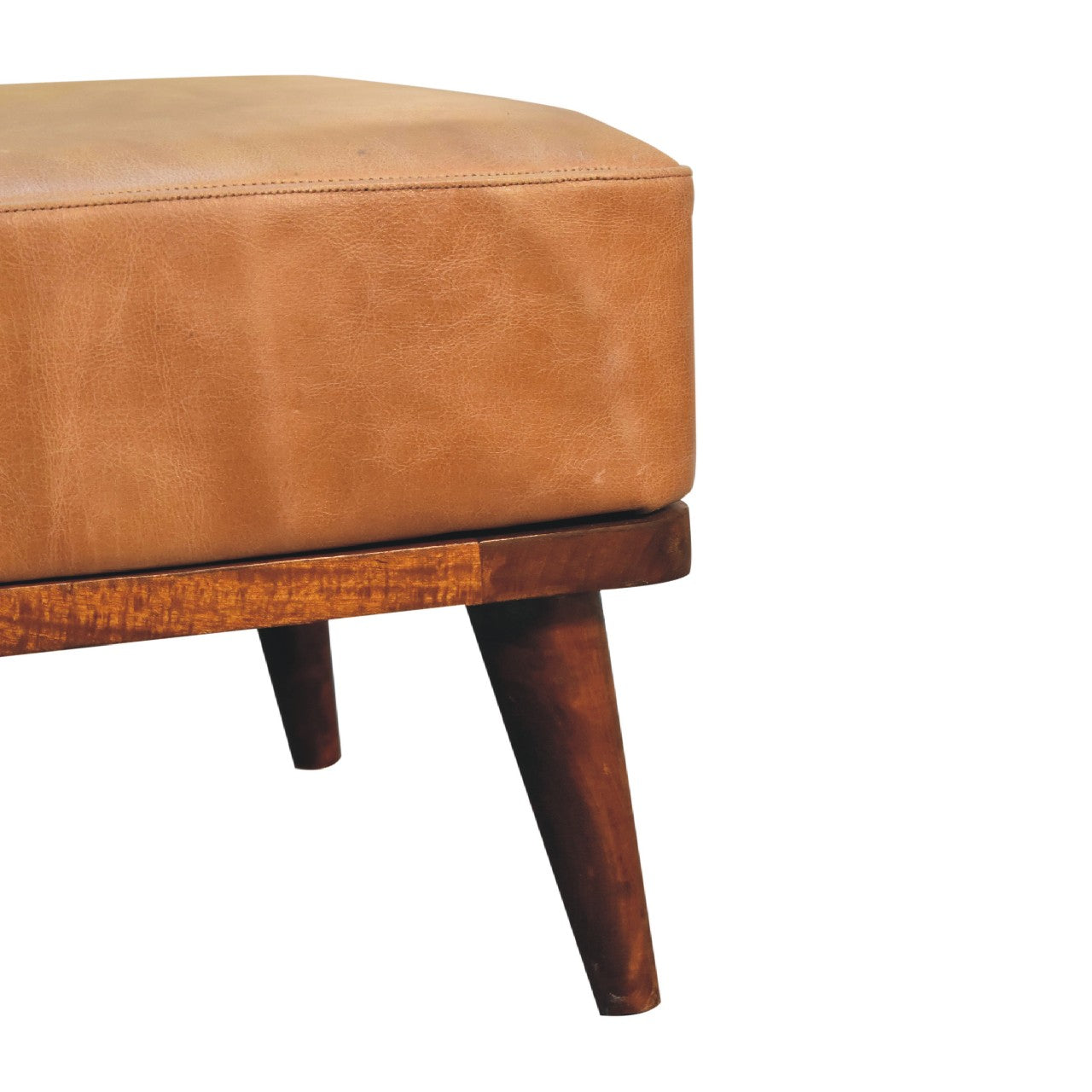 Tan Buffalo Leather Tan Footstool -  Handmade Solid Wood Base with Genuine Tan Leather Upholstery