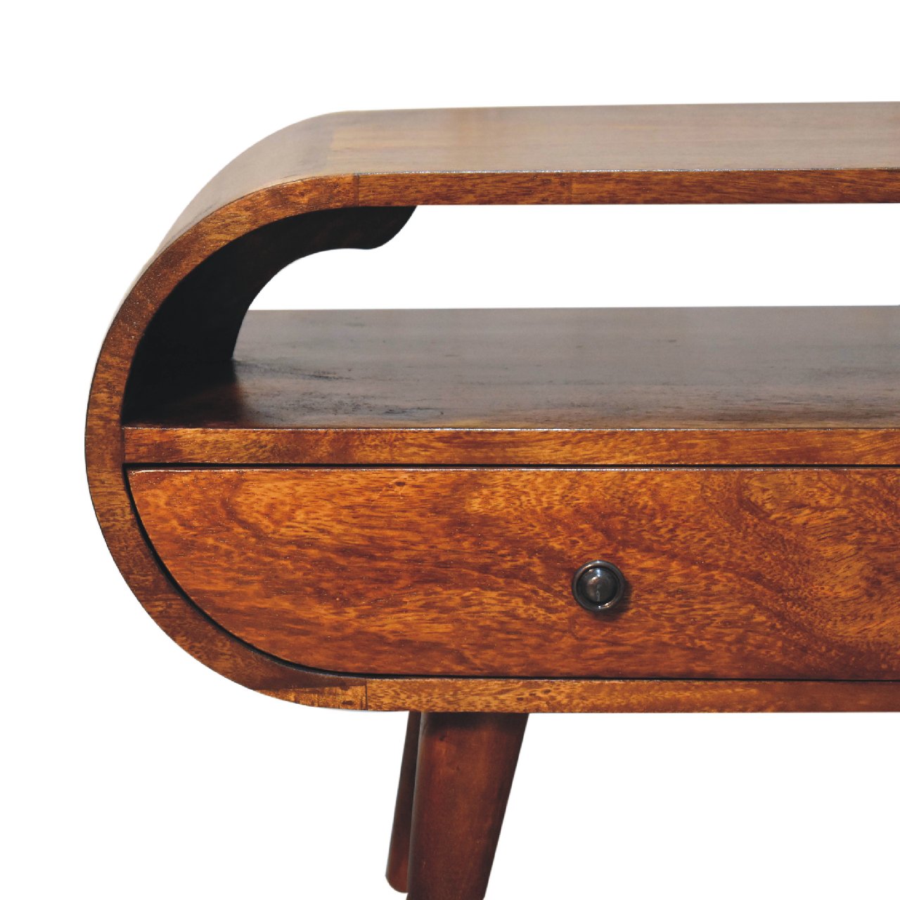 Chestnut Circular TV Stand – Handmade Solid Wood Media Unit with Shelf and 2 Drawers