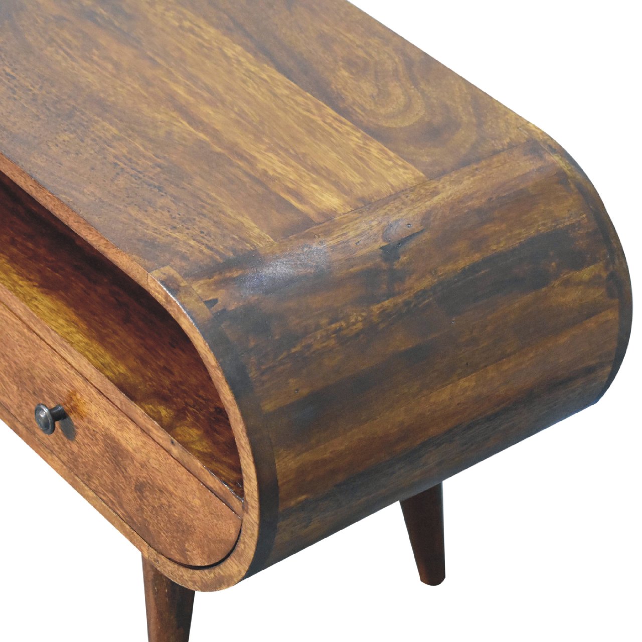 Chestnut Circular TV Stand – Handmade Solid Wood Media Unit with Shelf and 2 Drawers