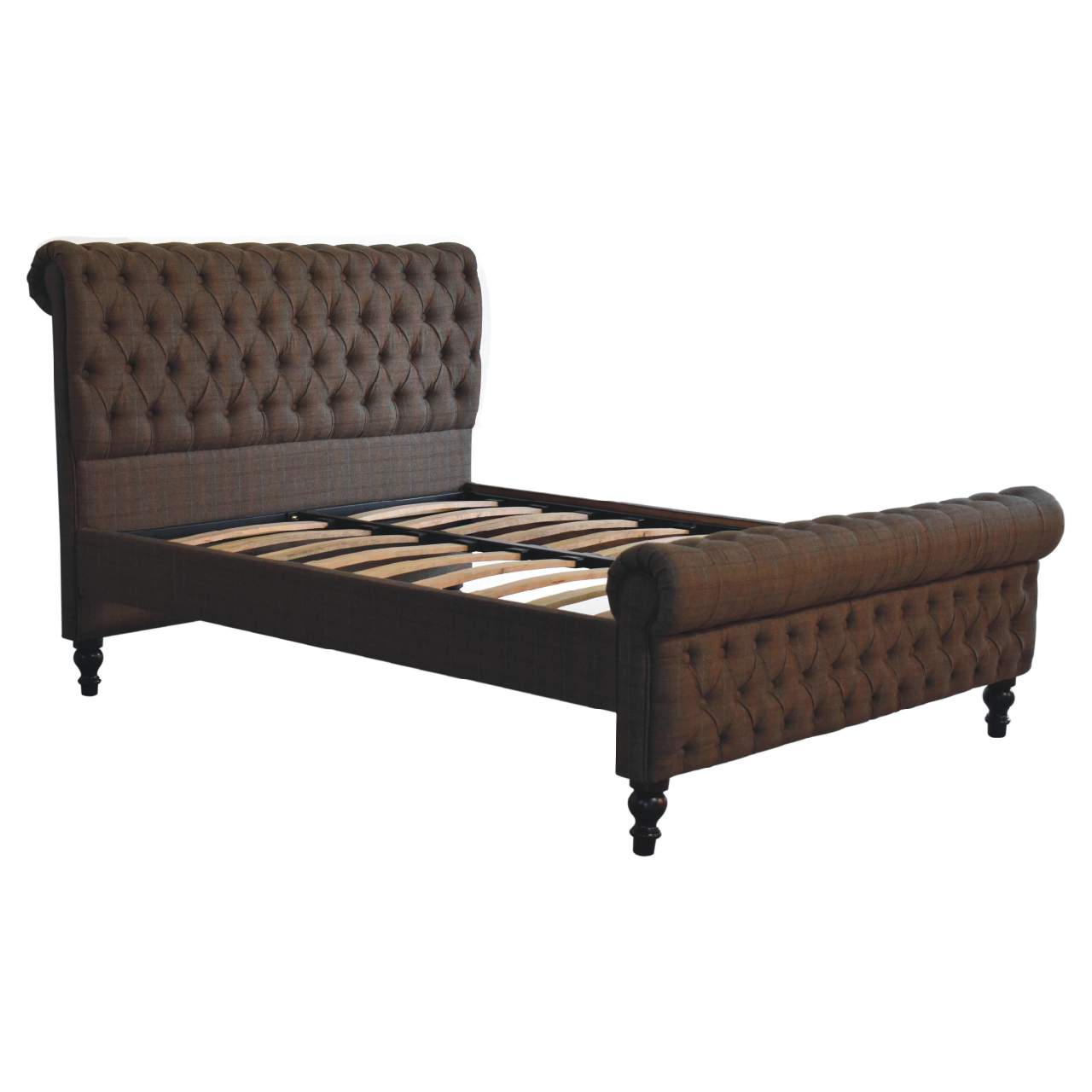 Multi Tweed Bed – Handmade Solid Wood Bed Frame with Upholstered Tweed Headboard