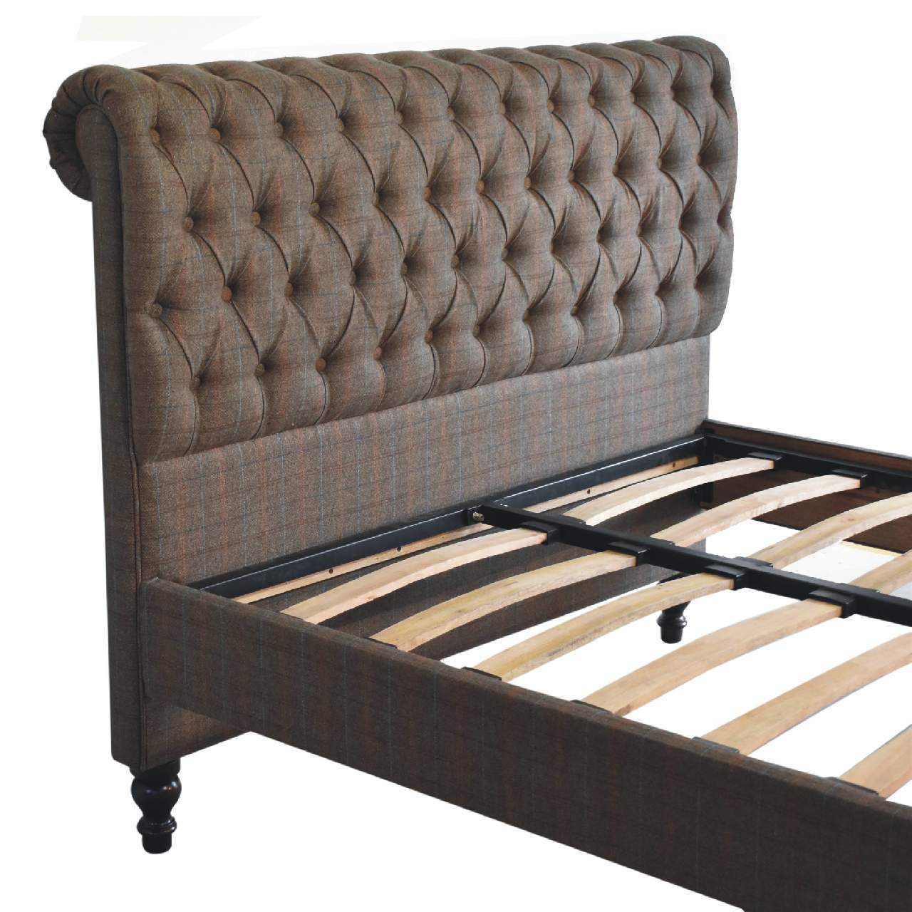Multi Tweed Bed – Handmade Solid Wood Bed Frame with Upholstered Tweed Headboard