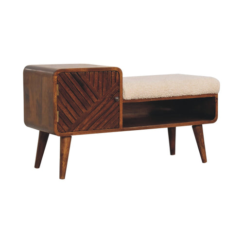 Boucle Carved Chestnut Telephone Table – Handmade Solid Wood Accent Table with Storage
