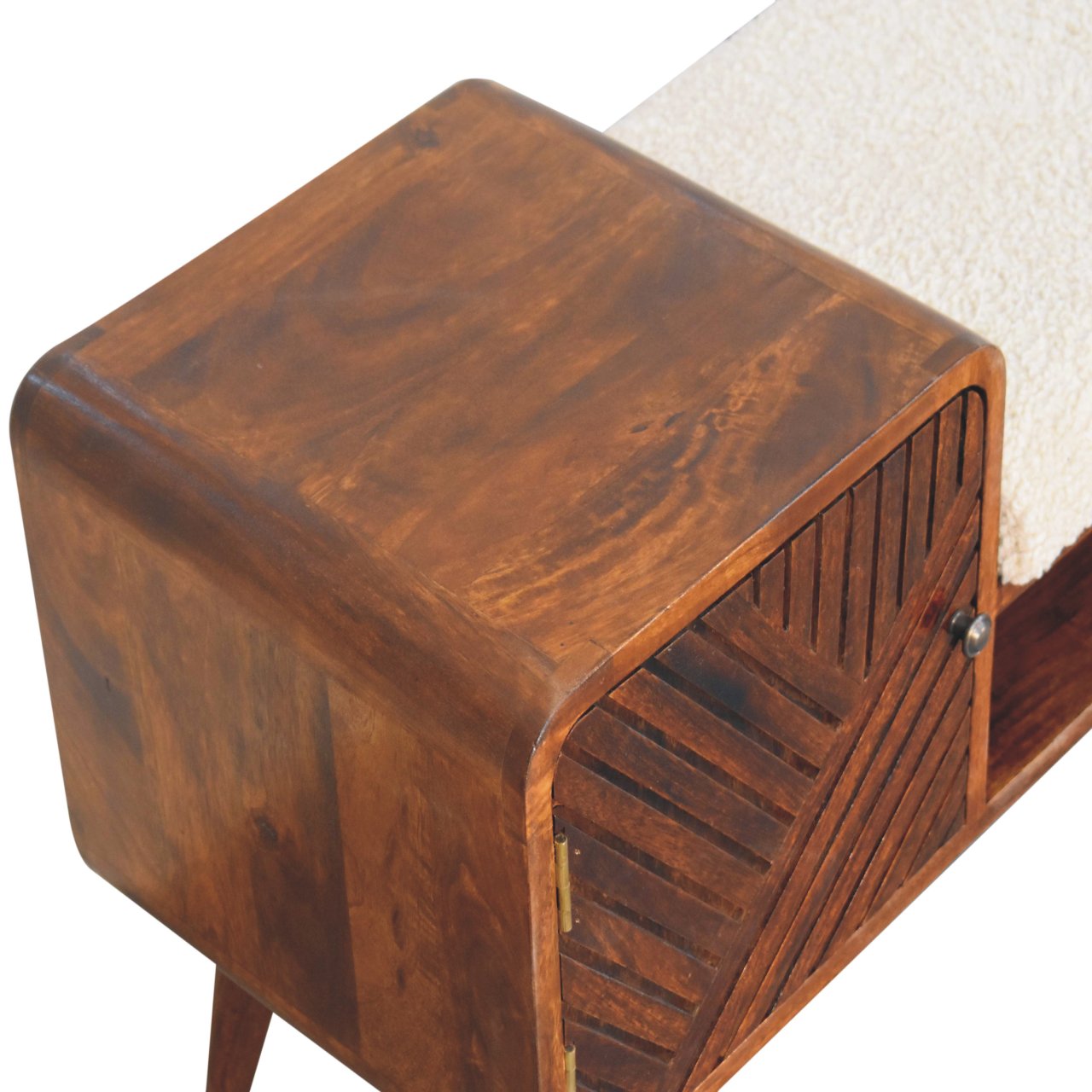 Boucle Carved Chestnut Telephone Table – Handmade Solid Wood Accent Table with Storage