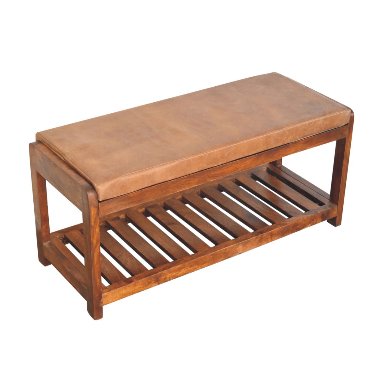 Buffalo Slatted Hallway Bench – Handmade Solid Wood Entryway Bench with Storage Shelf