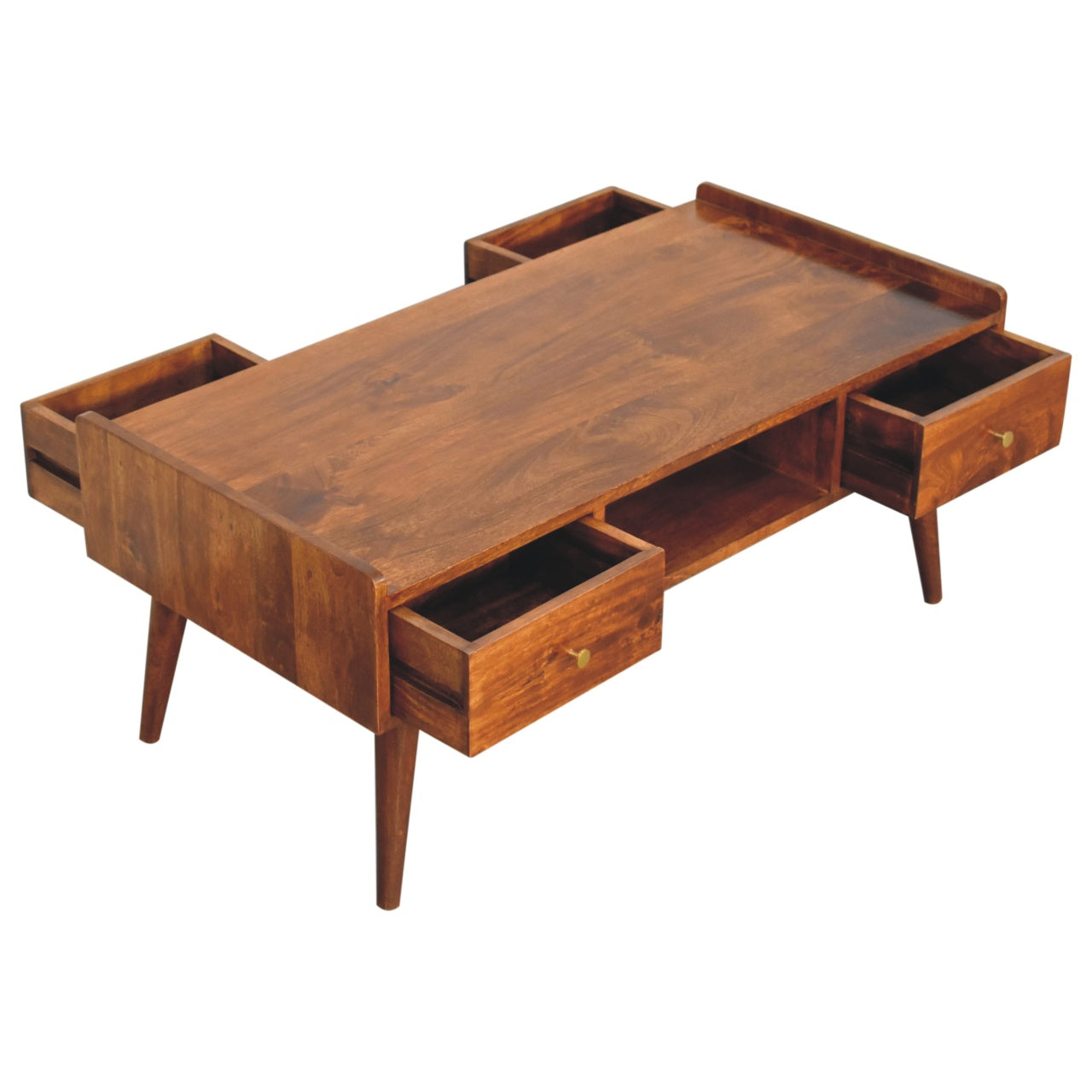 Elevated Chestnut Coffee Table With 4 Drawers And Shelf - Solid Wood