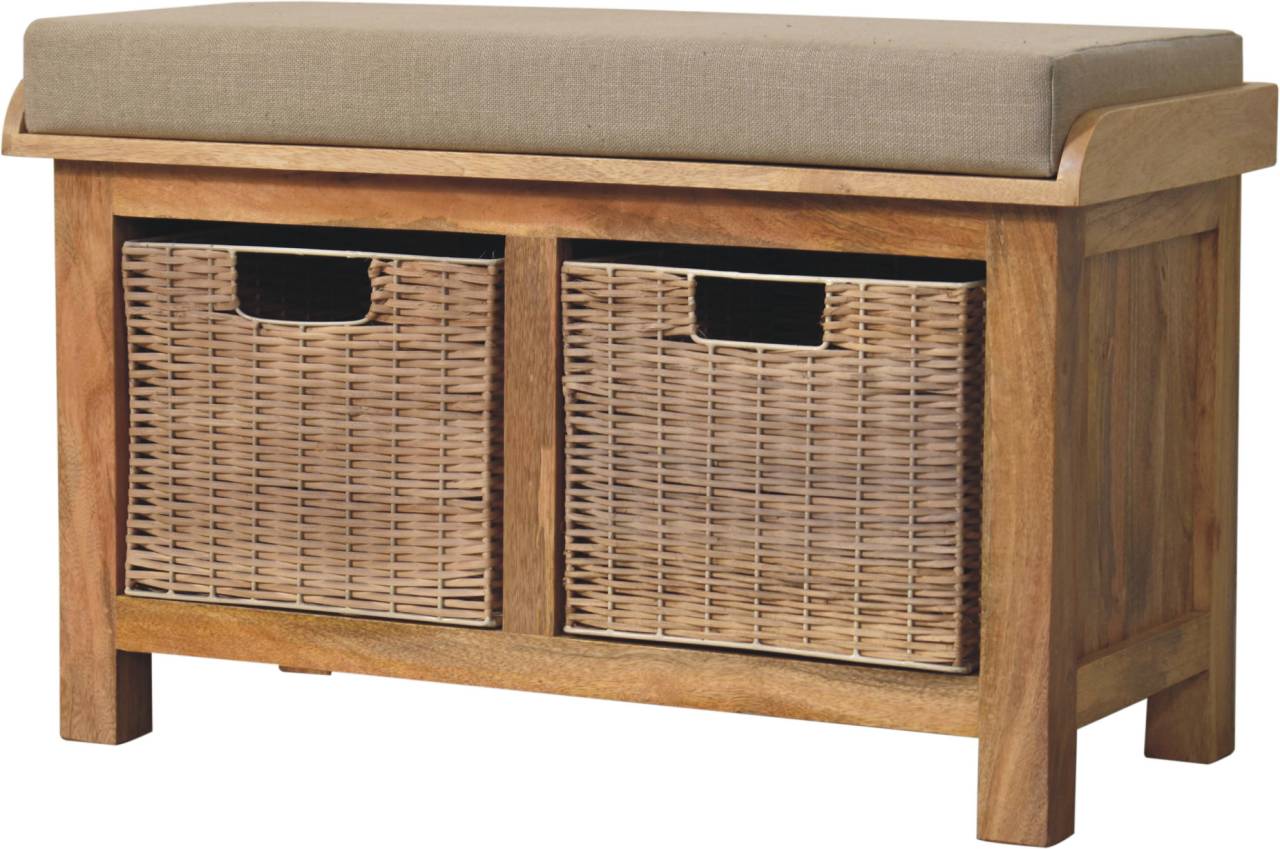 Rattan Basket Linen Bench With 2 Storage Boxes & Seat