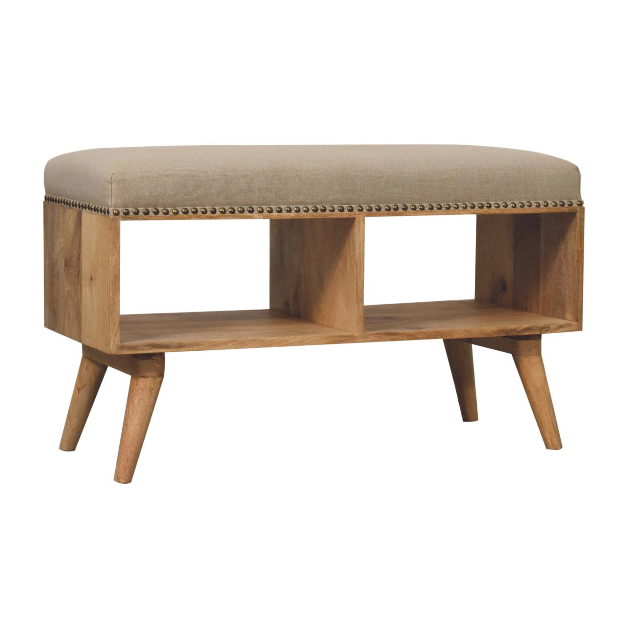 Studded Linen Open Bench - Handcrafted Upholstered Seat with Solid Wood Frame & Shelf