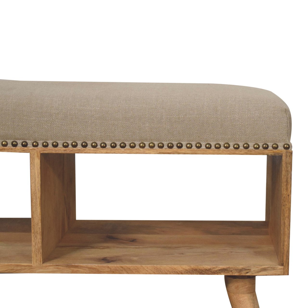 Studded Linen Open Bench - Handcrafted Upholstered Seat with Solid Wood Frame & Shelf