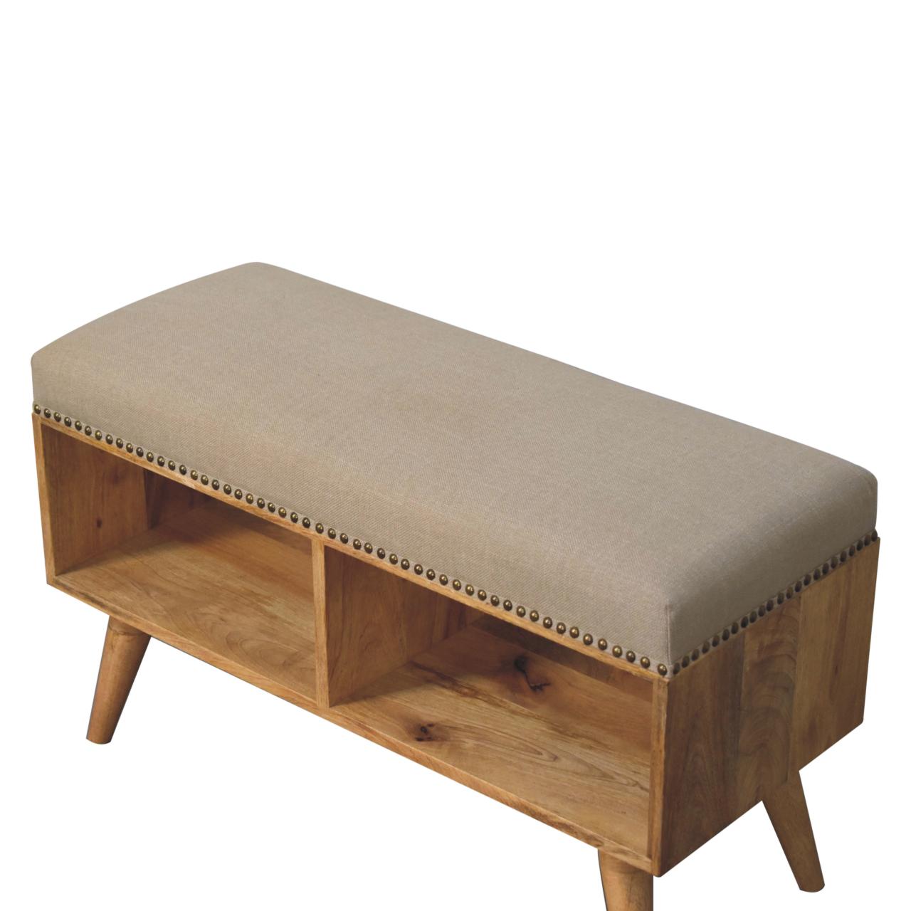 Studded Linen Open Bench - Handcrafted Upholstered Seat with Solid Wood Frame & Shelf