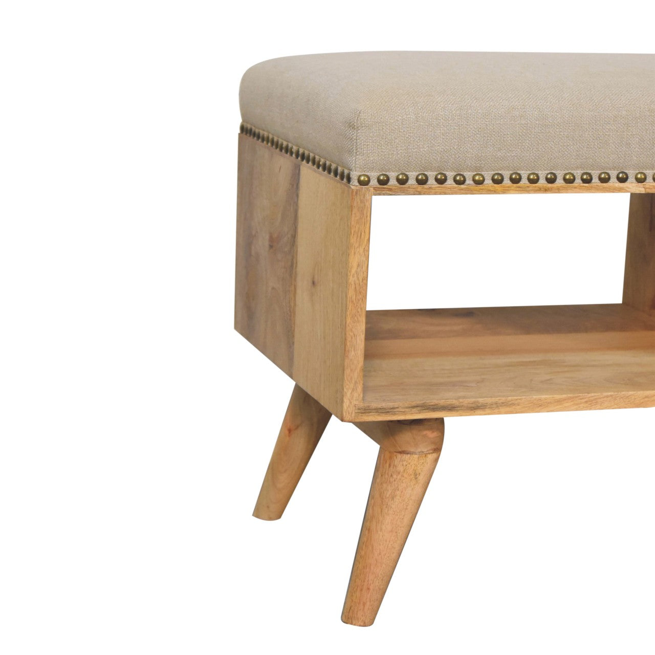 Studded Linen Open Bench - Handcrafted Upholstered Seat with Solid Wood Frame & Shelf