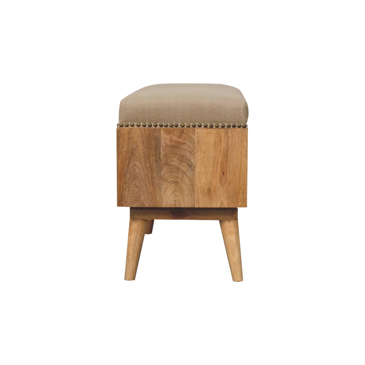 Studded Linen Open Bench - Handcrafted Upholstered Seat with Solid Wood Frame & Shelf