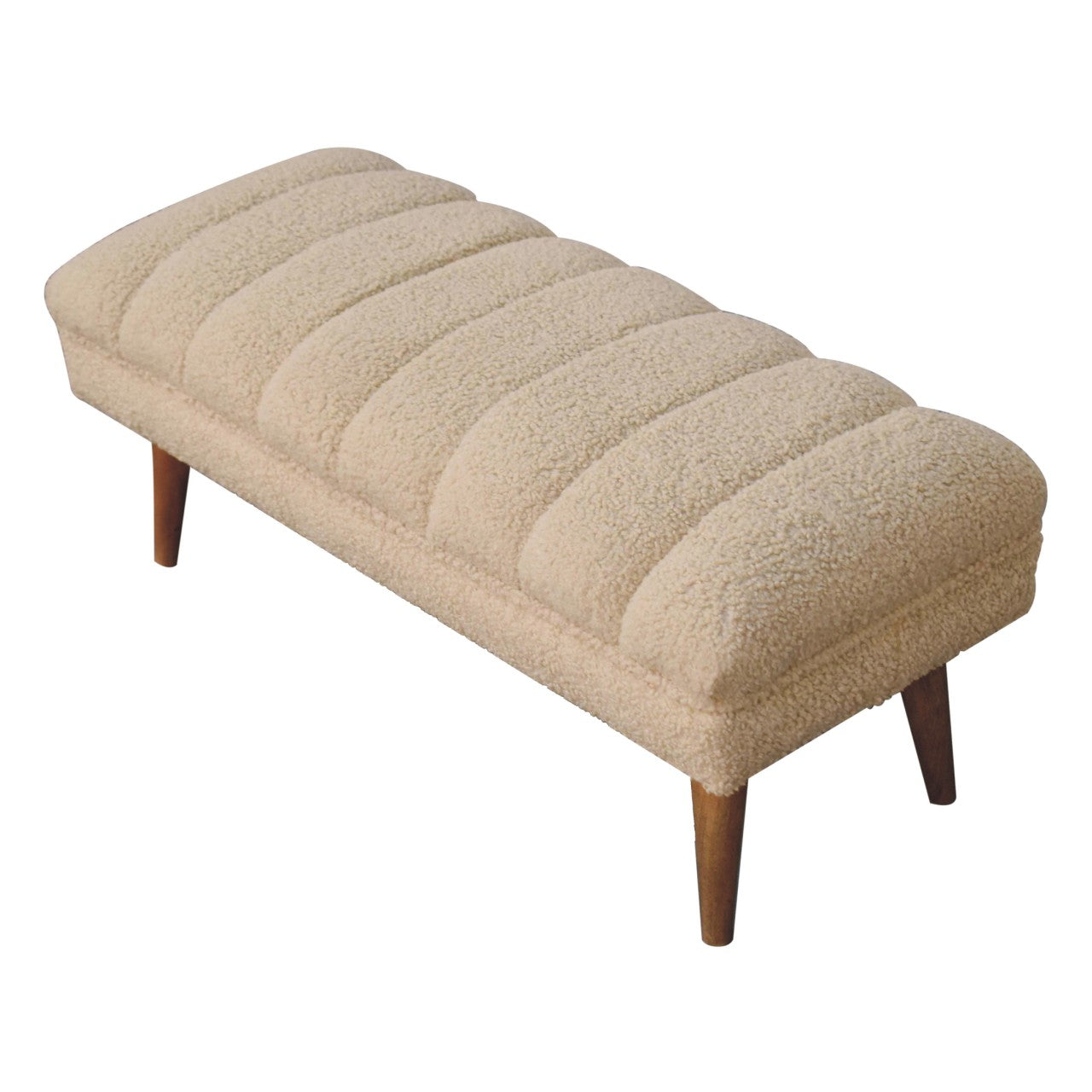 Cream Boucle Puffer Bench - Handmade Upholstered Seating with Solid Wood Frame