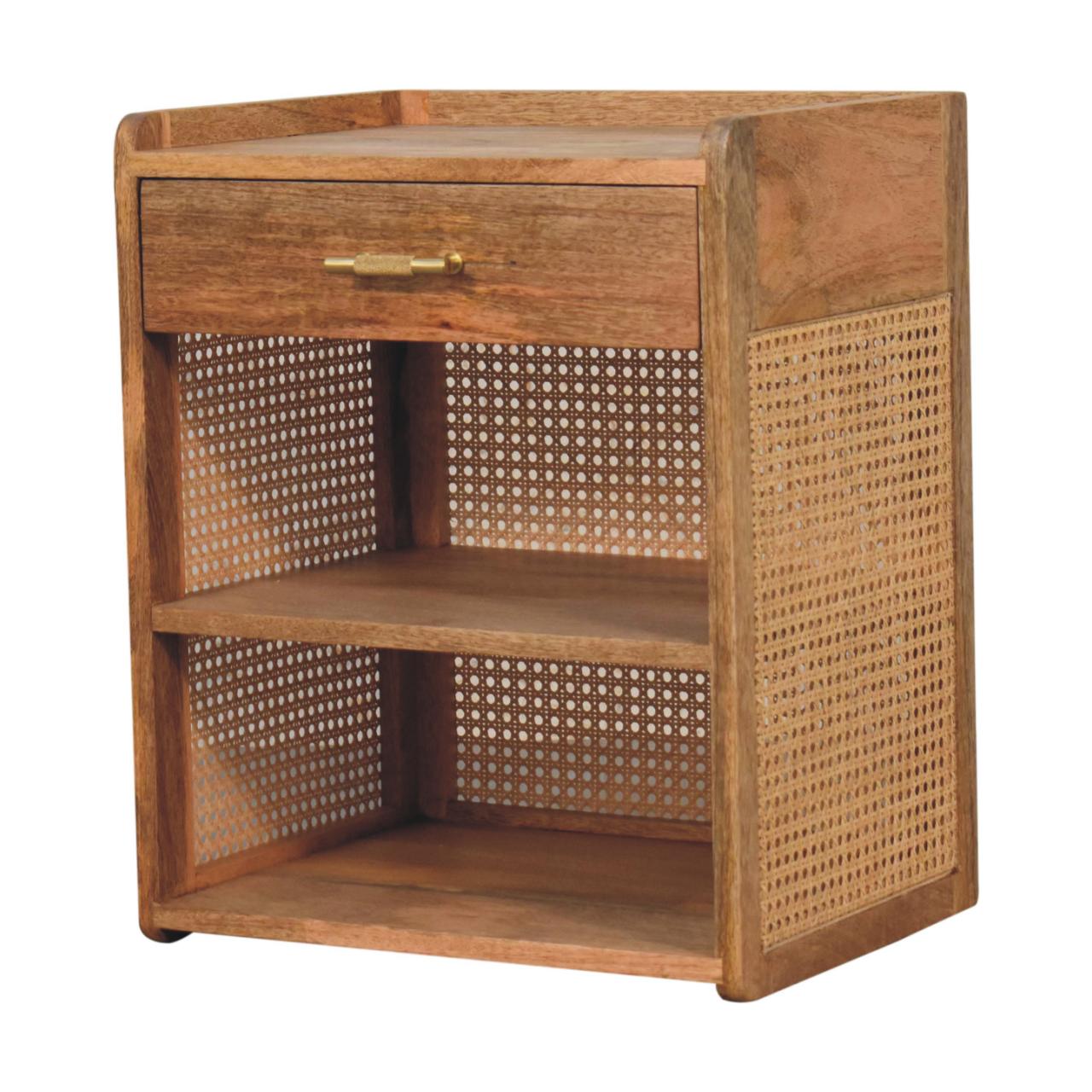 Handmade Solid Wood Rattan Nightstand - drawer & 2 shelfs - Larissa T-Bar Open Bedside