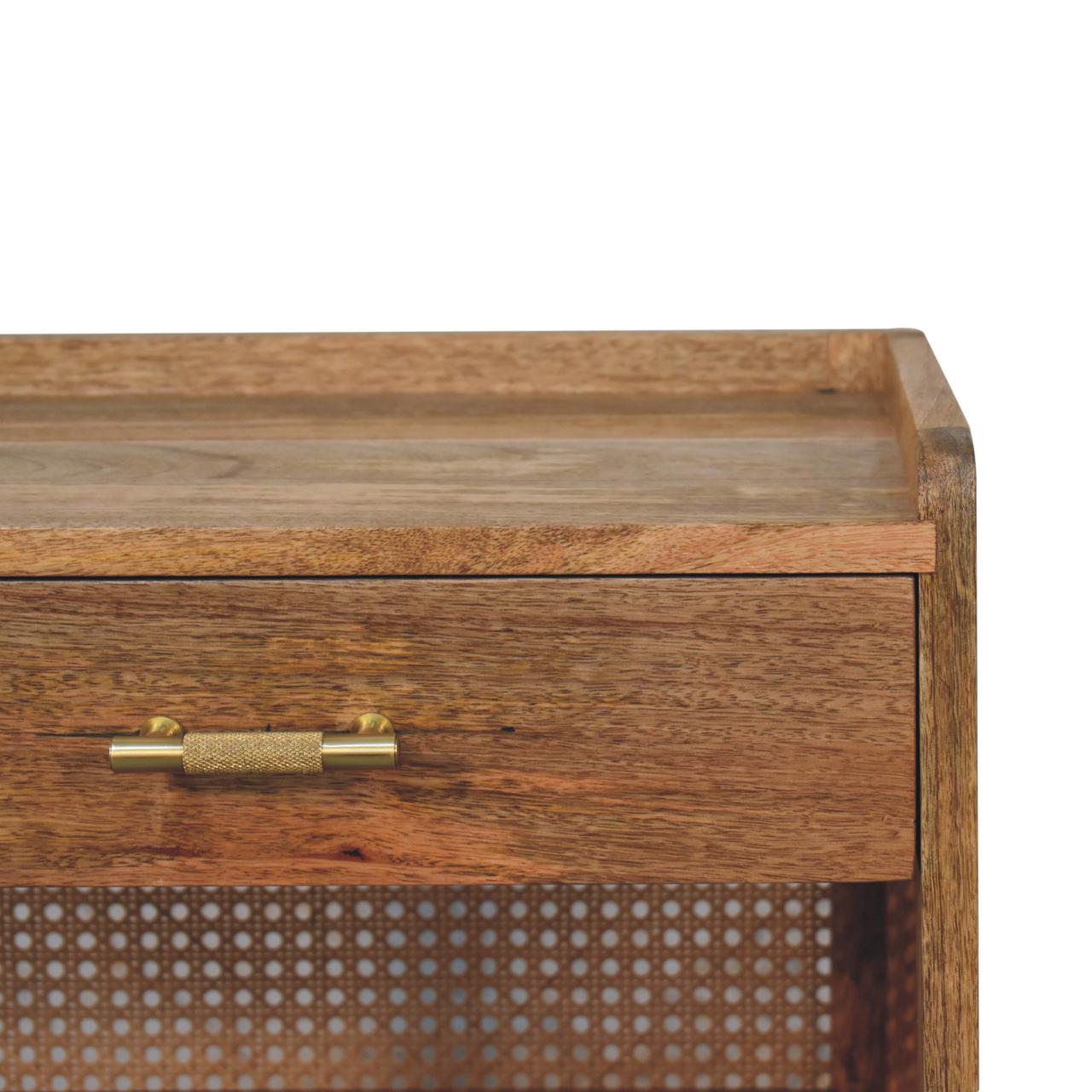 Handmade Solid Wood Rattan Nightstand - drawer & 2 shelfs - Larissa T-Bar Open Bedside