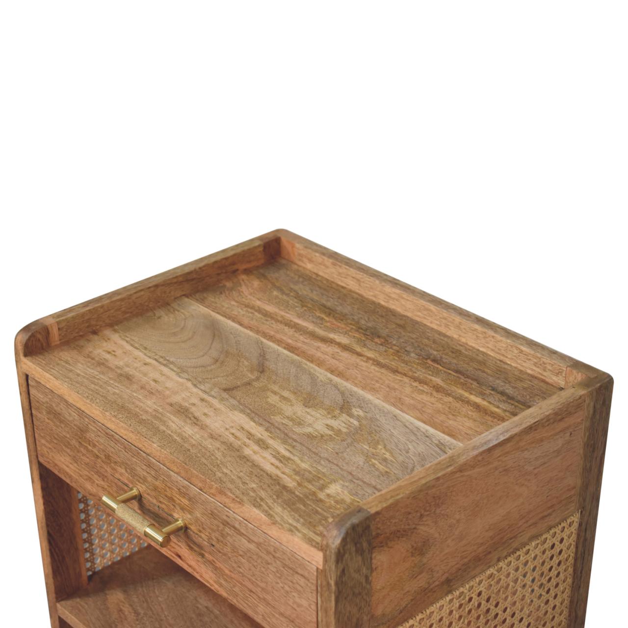 Handmade Solid Wood Rattan Nightstand - drawer & 2 shelfs - Larissa T-Bar Open Bedside