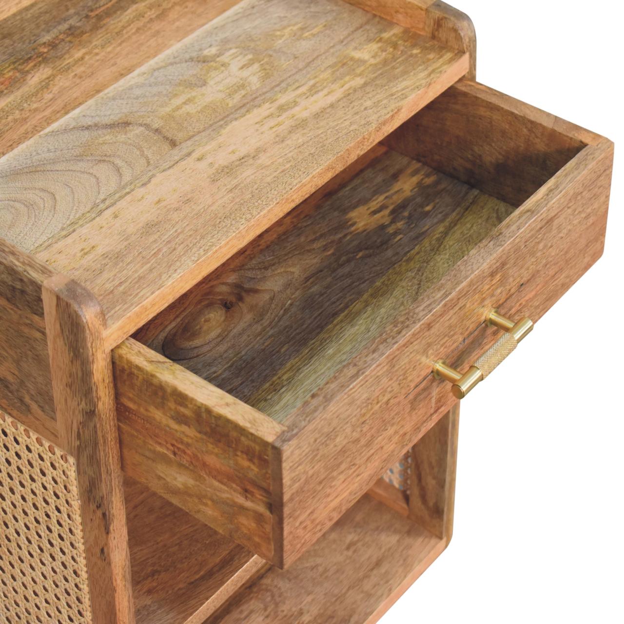 Handmade Solid Wood Rattan Nightstand - drawer & 2 shelfs - Larissa T-Bar Open Bedside