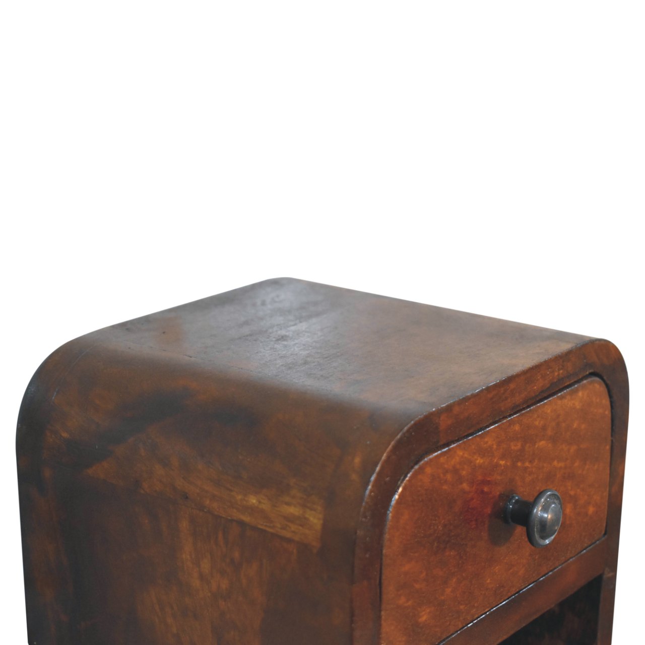 Extra Mini Curved Chestnut Bedside with Open Slot and drawer