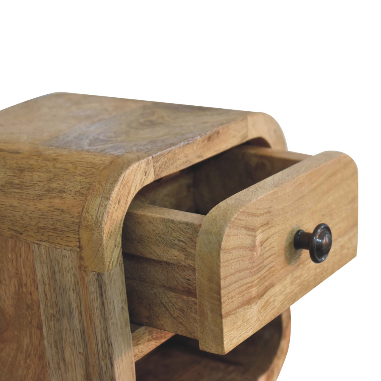 Extra Mini Curved Oak-ish Bedside with Open Slot - 1 Drawer and Shelf