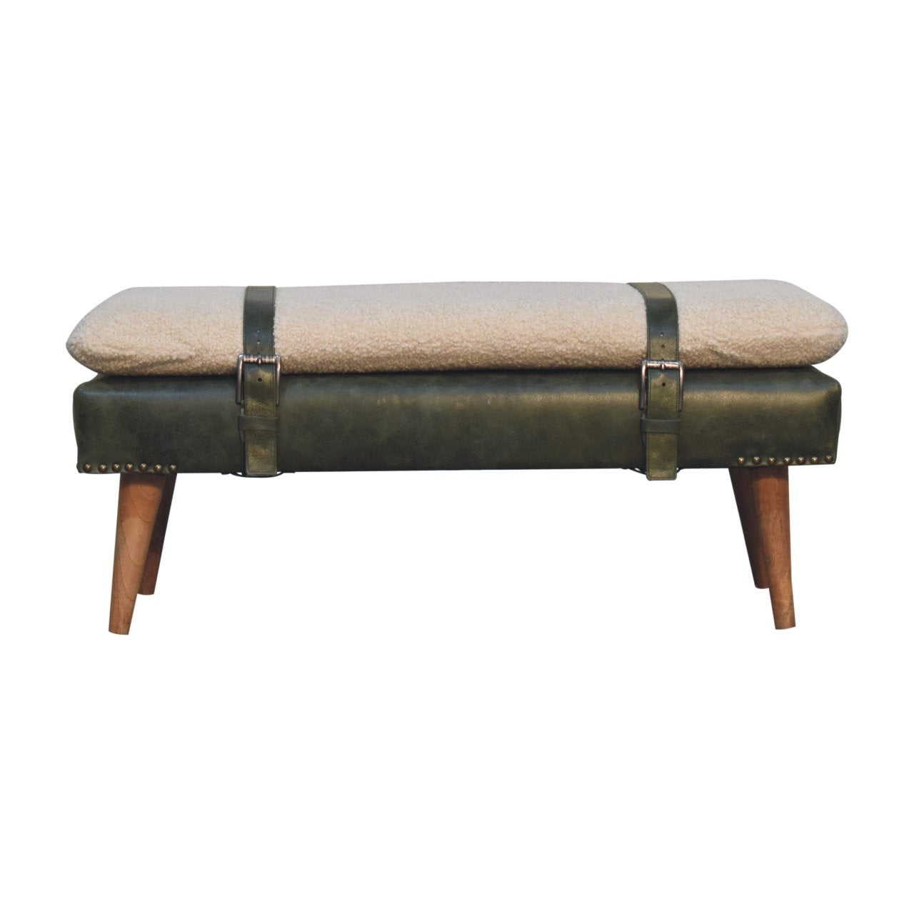 Handmade Solid Wood Bouclé Buffalo Leather Bench - Premium Upholstered