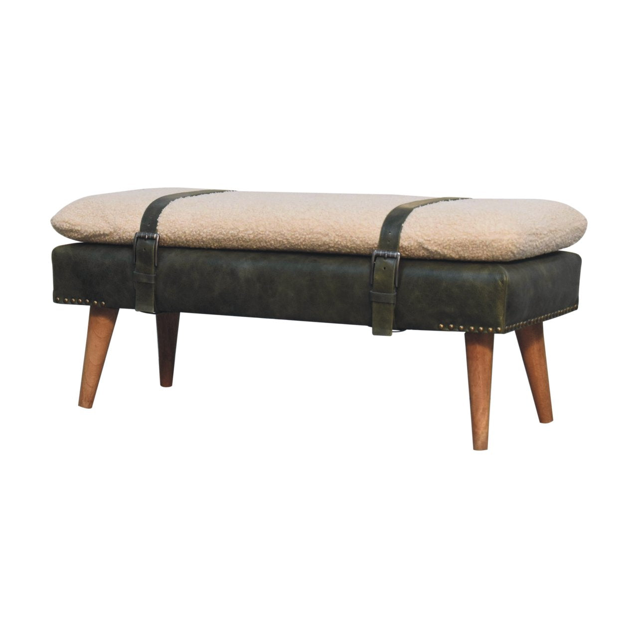 Handmade Solid Wood Bouclé Buffalo Leather Bench - Premium Upholstered