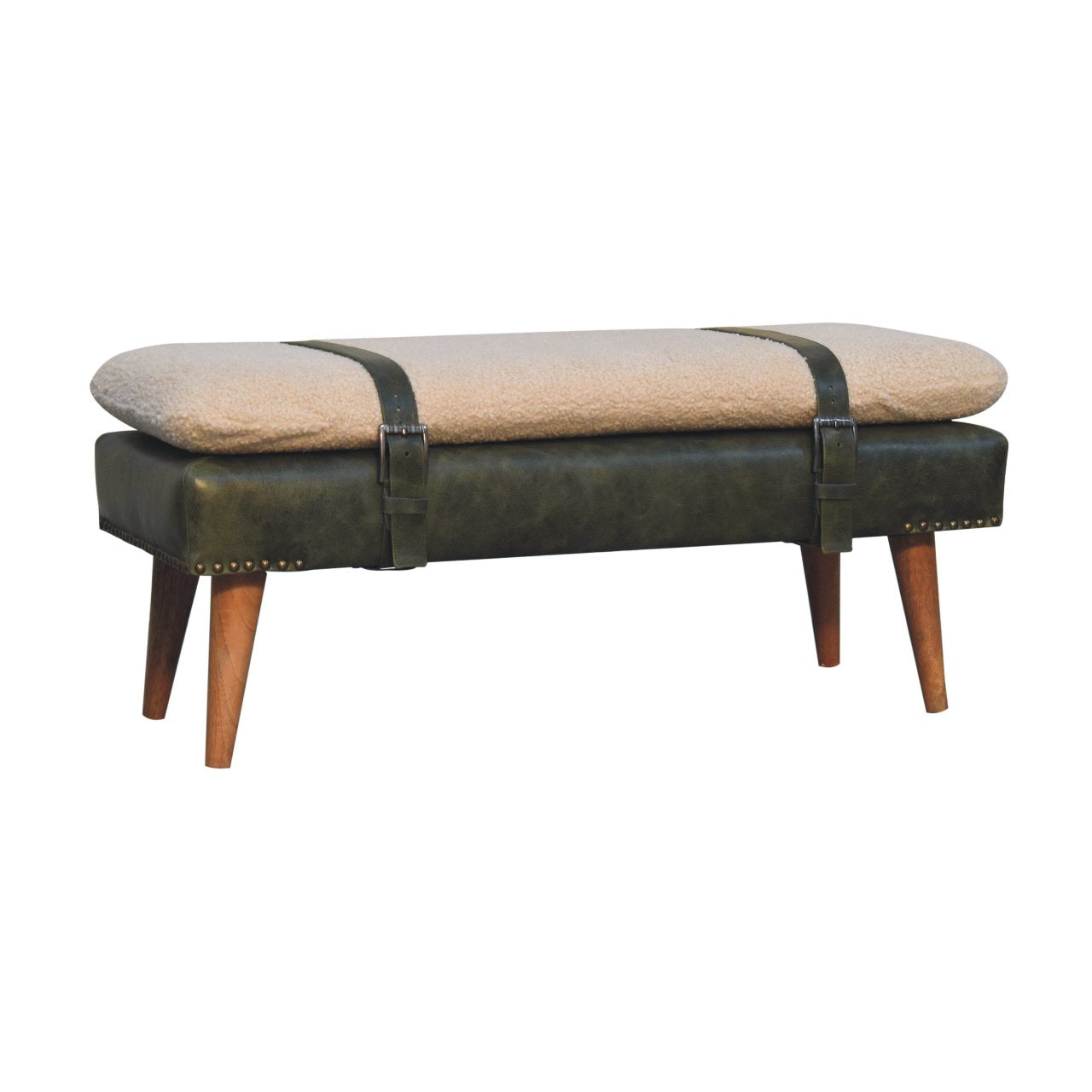 Handmade Solid Wood Bouclé Buffalo Leather Bench - Premium Upholstered
