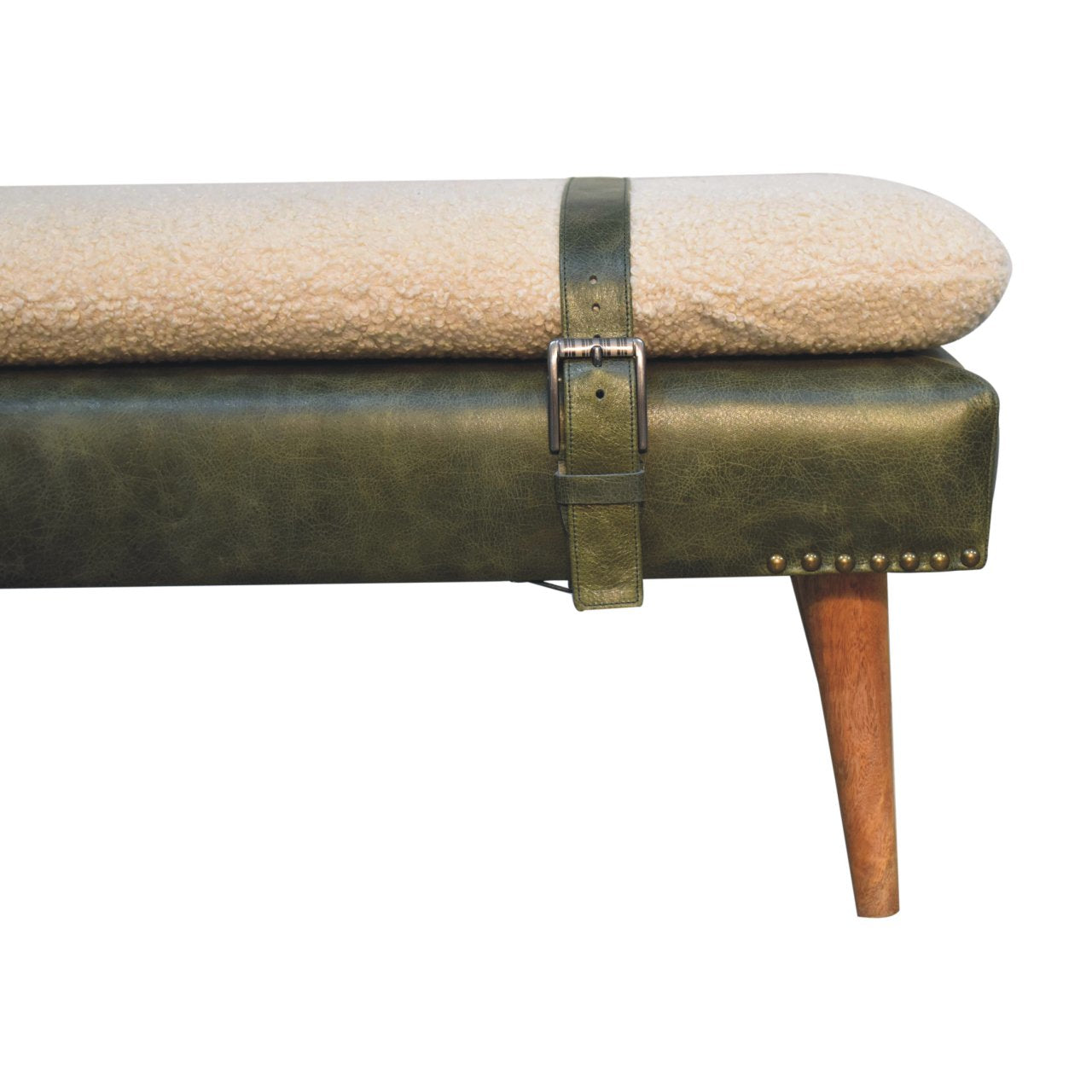 Handmade Solid Wood Bouclé Buffalo Leather Bench - Premium Upholstered