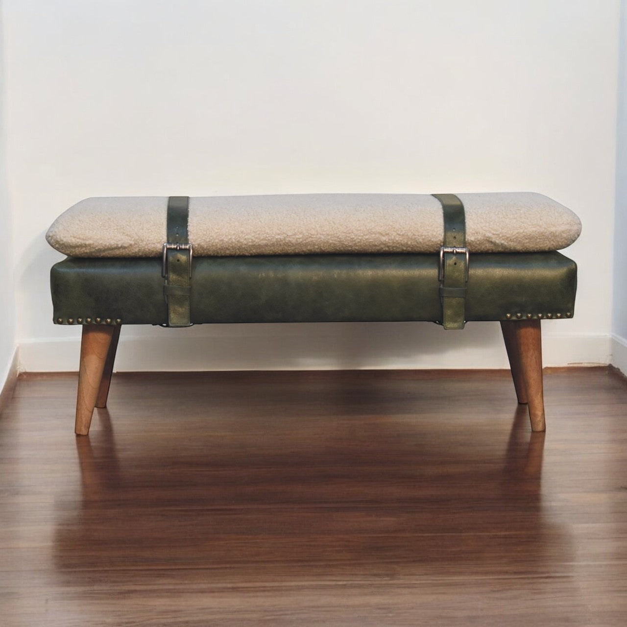 Handmade Solid Wood Bouclé Buffalo Leather Bench - Premium Upholstered