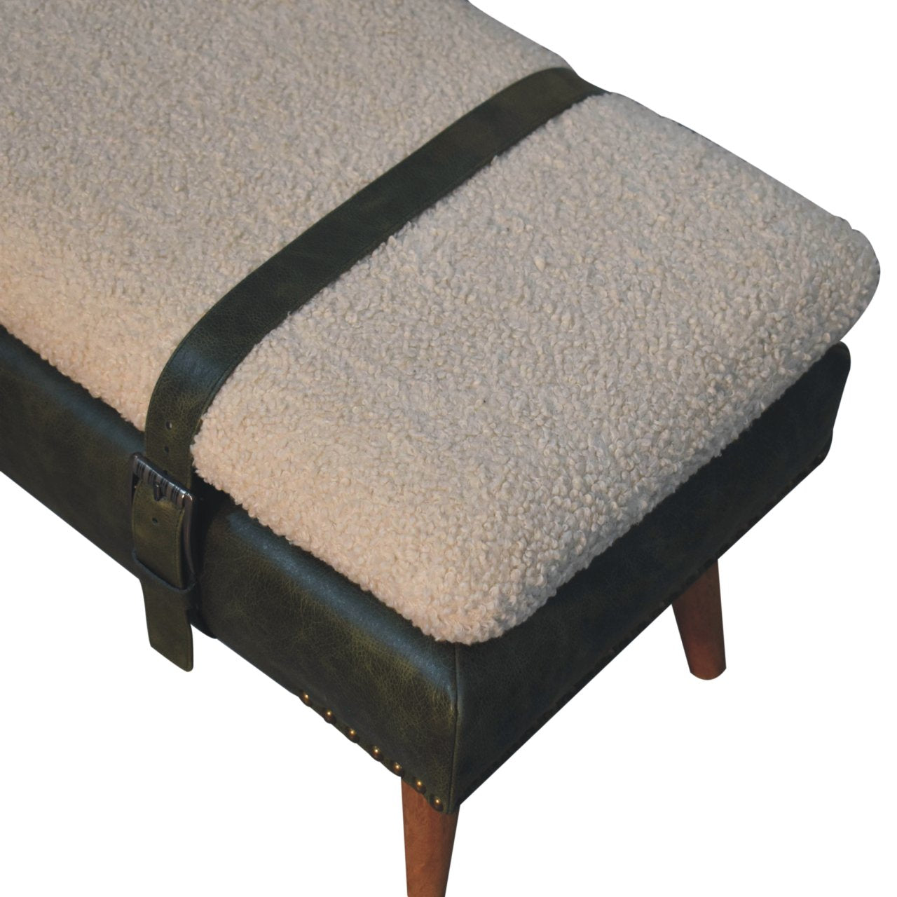 Handmade Solid Wood Bouclé Buffalo Leather Bench - Premium Upholstered