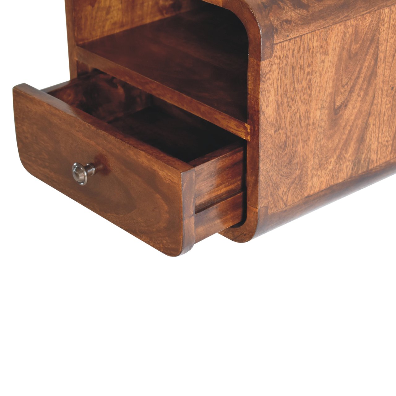 Extra Mini Wall Mounted Curved Chestnut Bedside - 1 Drawer And Shelf